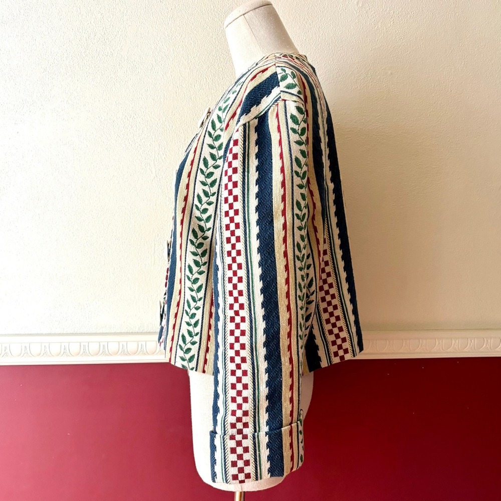 Doncaster Vintage Tapestry Jacket 10 Leaf Check Stripe Toggle USA Made 90s Artsy - Picture 2 of 12